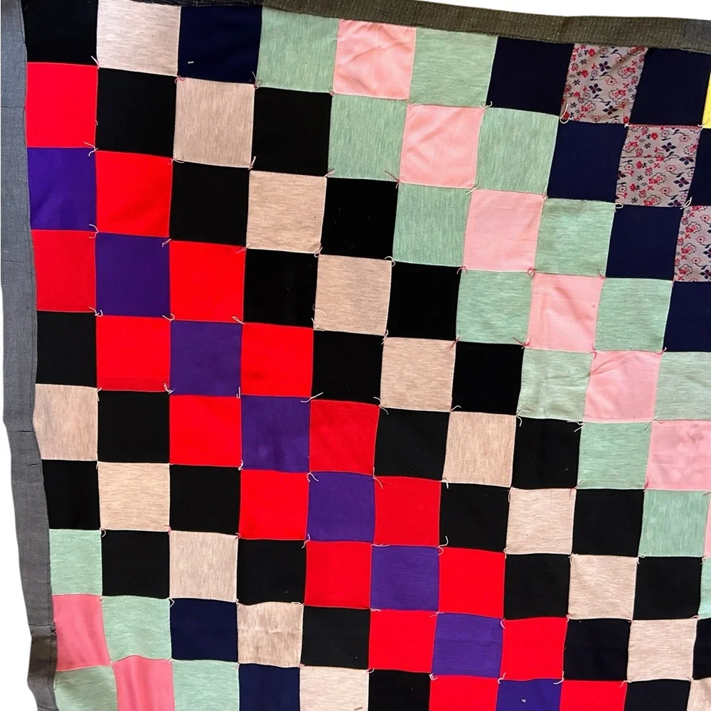 Vintage 70s Handmade Multi Color Block Patchwork Granny Square Blocks Quilt